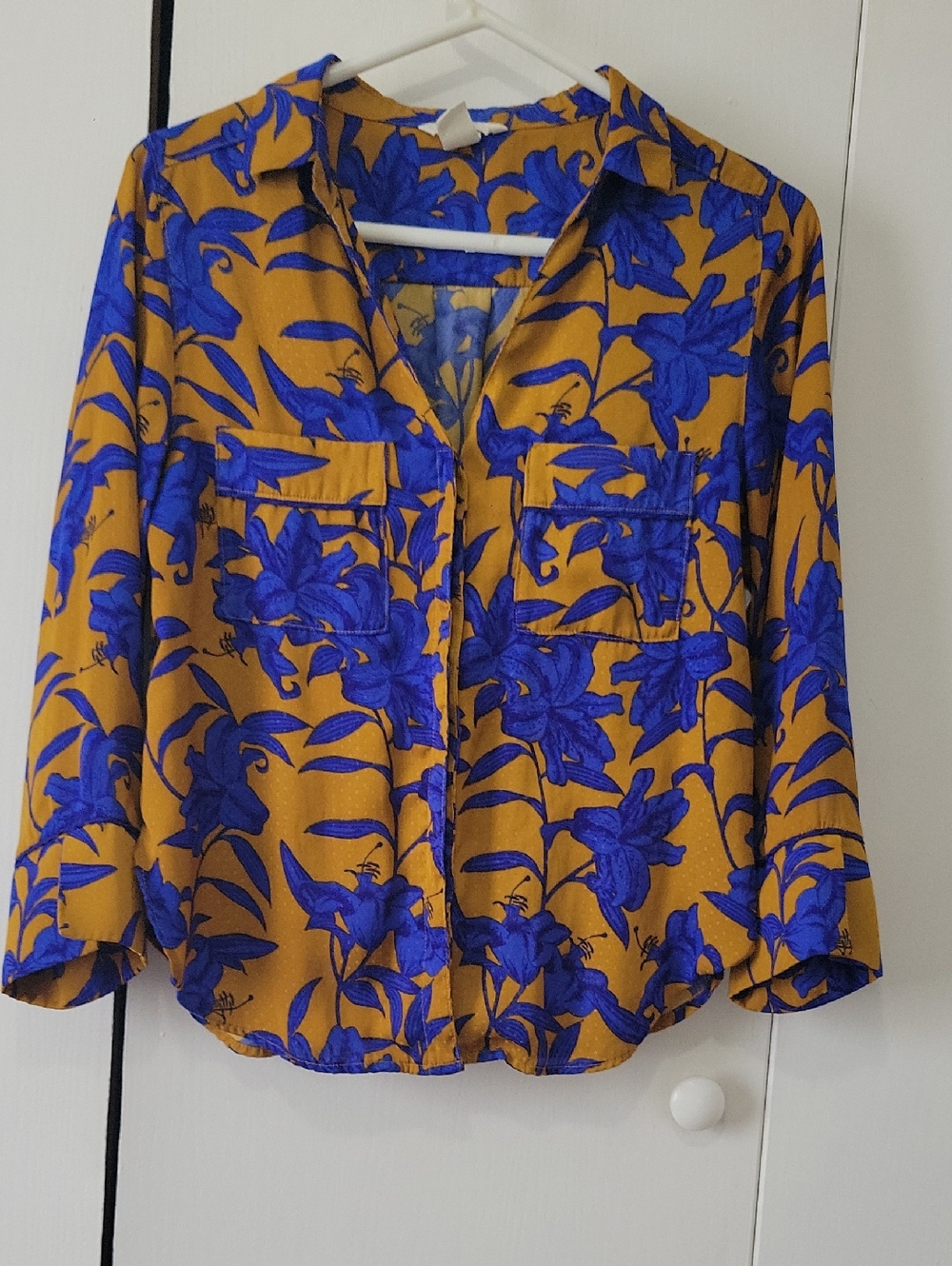 H&M Mustard Yellow Button-Down Blouse with Cobalt Blue Floral Print